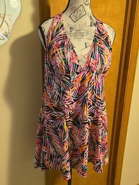 A Shore Fit Swimsuit One Piece Skirt Built-in Panty Blue Floral Black Lined